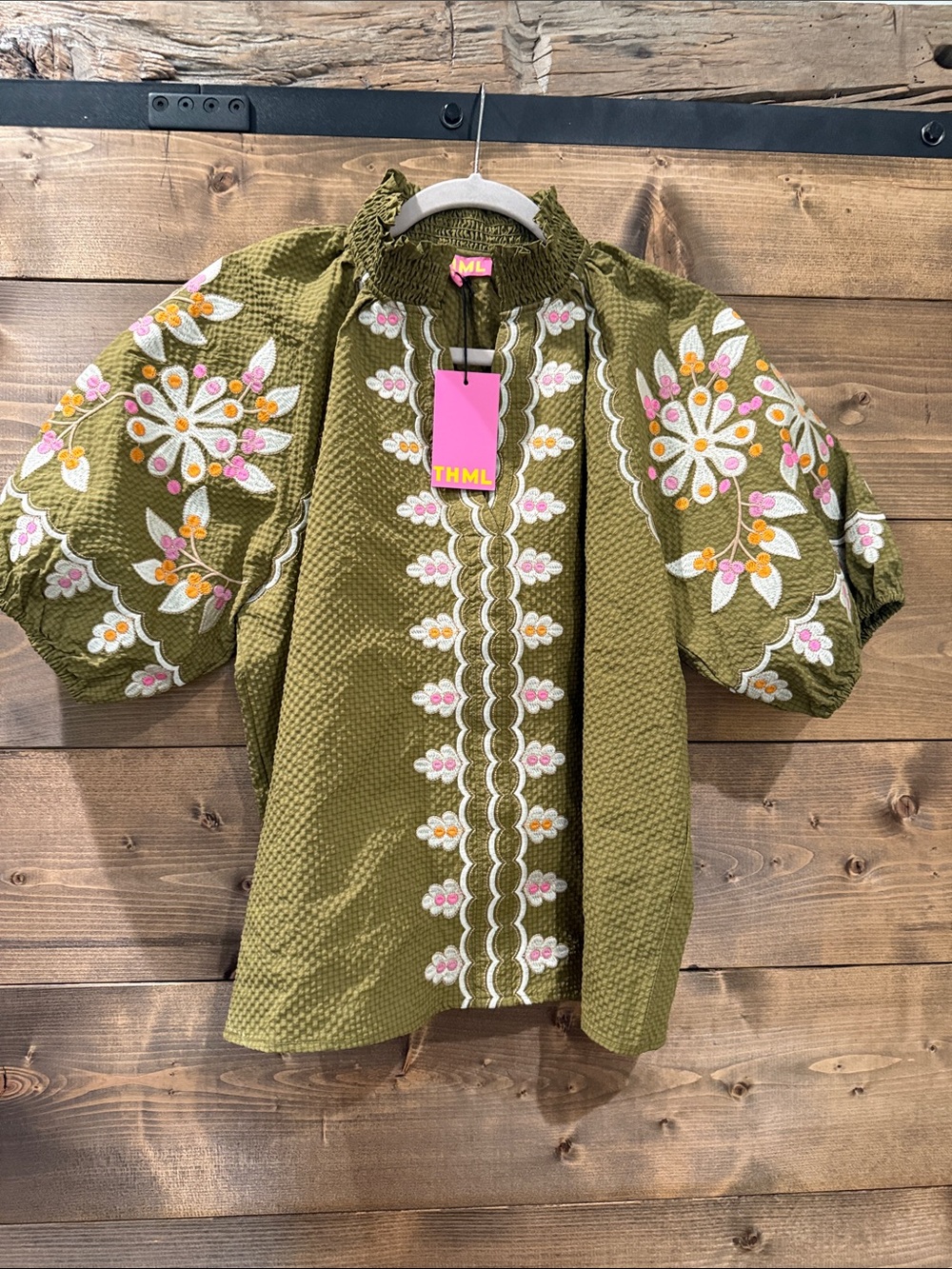 THML Olive Green Embroidered Puff-Sleeve Tunic